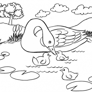 Mommy and Baby Duck with Beautiful Landscape Coloring Page