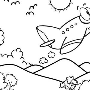Plane Cartoon with Mountain View Scene Coloring Page