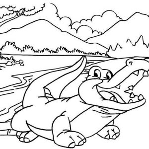Simple Crocodile with Mountain Landscape Coloring Page