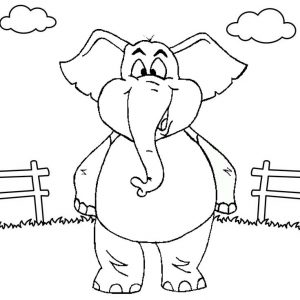 happy standing elephant in the cage cartoon coloring page