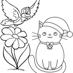 Cat and Bird Cartoon Coloring Page