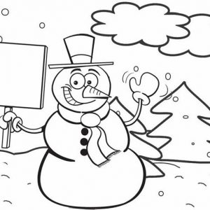 snowman with a board in winter scenery coloring page