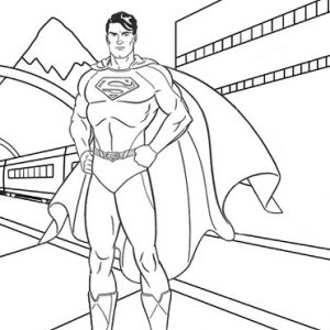 Superman with Mountain and Building Background Coloring Sheet