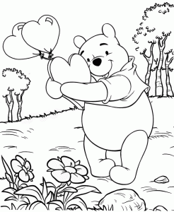 Winnie the Pooh Hugging Heart Balloons Coloring Sheet